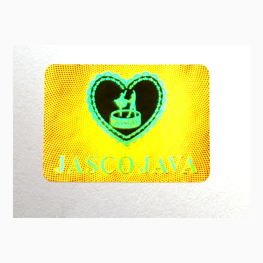 Round hologram sticker with a brand wordmark over a dense field of holographic micro-text